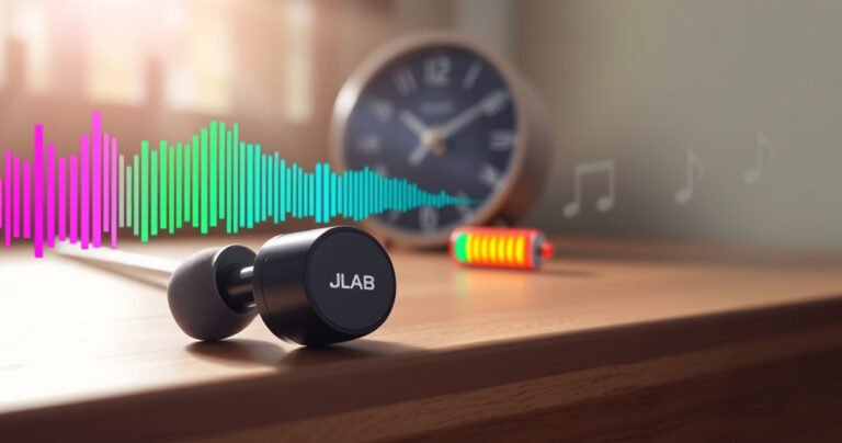 A close-up of sleek JLab earbuds resting on a wooden surface, surrounded by vibrant soundwave graphics and a glowing battery icon. Soft sunlight streams in, highlighting the earbuds' design while a digital clock ticks in the background, symbolizing time and longevity. A faint backdrop of music notes evokes the joy of sound and listening.
