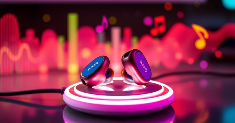 A close-up of vibrant, sleek Skullcandy earbuds resting on a charging pad, glowing softly as they charge, surrounded by colorful sound waves and musical notes, against a modern tech-inspired background, evoking energy and rhythm, with a hint of anticipation in the air, showcasing innovation and style in audio technology.