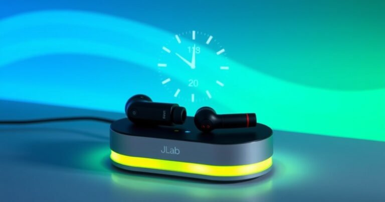 A sleek pair of JLab earbuds resting on a modern charging dock, surrounded by glowing indicators. The background features a soft, abstract gradient of blues and greens, evoking a sense of technology and efficiency. A subtle clock overlay hints at the passage of time, emphasizing the charging process in a stylish, engaging way.