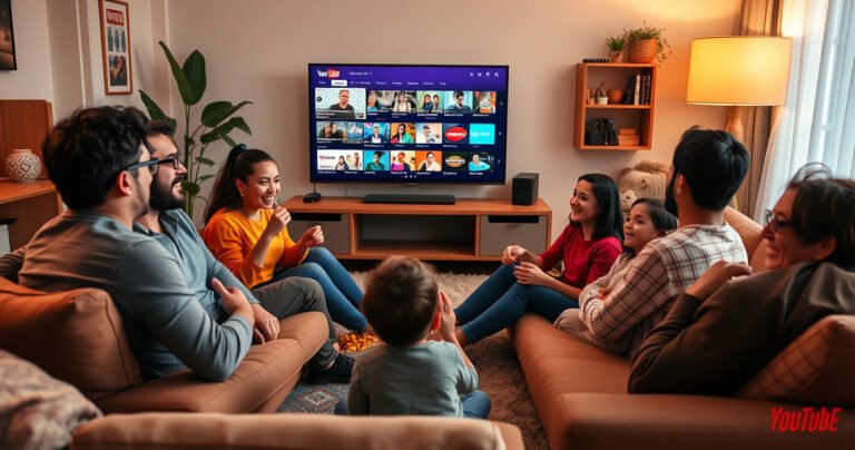 A vibrant living room filled with a diverse family, gathered on a cozy sofa, eyes glued to a large TV screen displaying a lively YouTube TV interface. Snacks scattered around, laughter in the air, and a warm glow from a nearby lamp creates an inviting atmosphere, showcasing the joy of shared entertainment.
