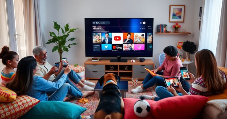 A vibrant living room scene showcasing a diverse family gathered around a large TV, streaming YouTube TV on multiple devices: smartphones, tablets, and laptops. The room is cozy, filled with snacks, colorful cushions, and a playful pet, all immersed in watching different shows, embodying the excitement of shared entertainment in a modern home.
