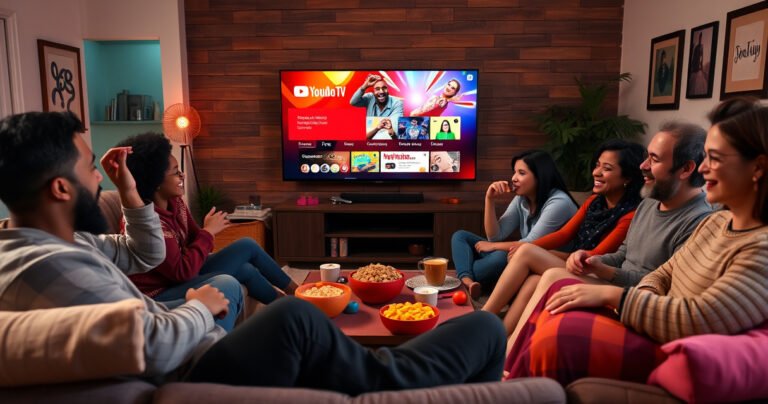 A cozy living room filled with a diverse group of friends laughing and enjoying a vibrant, large-screen TV displaying a lively YouTube TV interface. Colorful snacks scattered around, soft pillows on a plush couch, warm lighting creating an inviting atmosphere, showcasing the joy of shared entertainment and connection.
