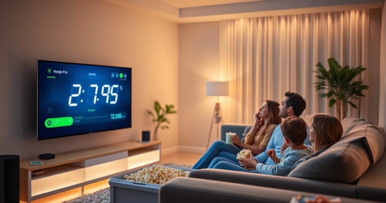 A sleek, modern smart TV glowing in a cozy living room, surrounded by soft ambient lighting. An energy meter displays flickering numbers, symbolizing power consumption. A family enjoys a movie night on a plush sofa, popcorn in hand, illustrating the balance between entertainment and energy efficiency, with a subtle focus on the TV's energy-saving features.
