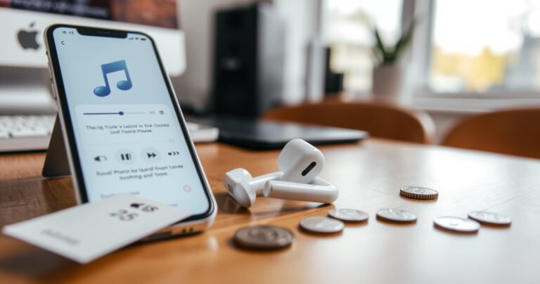 A sleek pair of Apple earphones resting on a wooden table, surrounded by scattered coins and a price tag, with a blurred background showcasing a modern, minimalist workspace. Soft light highlights the earphones' glossy finish, while a smartphone displaying music notes adds a contemporary touch to the scene.