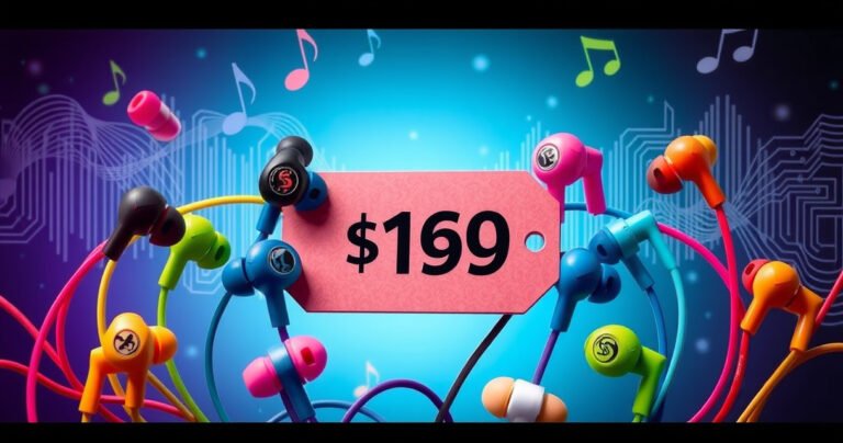 A vibrant display of colorful Skullcandy earbuds arranged artistically around a price tag, with a backdrop of sound waves and musical notes flowing through the air, emphasizing style and sound quality. Include elements of technology, such as circuit patterns subtly integrated into the background, to convey innovation and modernity.