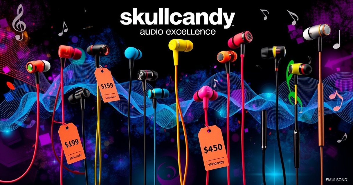 A dynamic display of various Skullcandy earphones, each model vividly showcased with vibrant colors and sleek designs, surrounded by a backdrop of abstract sound waves and musical notes, symbolizing audio excellence. Include price tags artistically integrated into the scene, reflecting a blend of technology and style, inviting viewers to explore the world of sound.