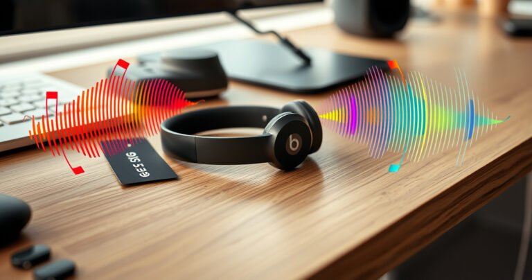 A sleek pair of Beats earphones resting atop a modern wooden desk, surrounded by vibrant price tags and colorful sound waves radiating outward, with soft natural lighting illuminating the scene, evoking a sense of style and premium audio experience, perfect for tech enthusiasts and music lovers alike.