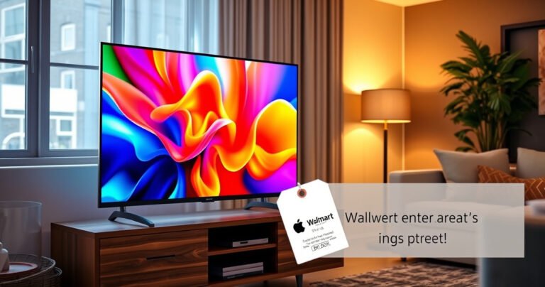 A sleek 40-inch smart TV displaying vibrant colors and stunning clarity sits on a stylish wooden stand in a cozy living room, surrounded by warm lighting and modern decor. A price tag from Walmart hangs beside it, inviting viewers to explore the world of entertainment at their fingertips, with a hint of excitement in the air.
