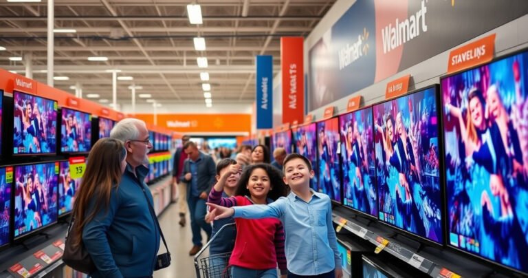 A sleek, modern Walmart electronics aisle filled with vibrant 55-inch smart TVs, their screens showcasing stunning high-definition visuals. Shoppers browse eagerly, surrounded by colorful price tags and promotional displays, soft overhead lights illuminating the excitement. A cheerful family points at the latest model, creating a sense of anticipation and technology-driven togetherness.