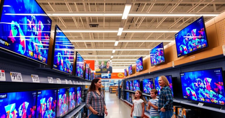 A vibrant Walmart electronics aisle, showcasing a variety of sleek smart TVs with vivid screens displaying colorful images. Bright fluorescent lights illuminate the shelves, while customers explore the latest models, checking prices on digital tags. A cheerful family stands nearby, discussing features and options, surrounded by promotional signage highlighting discounts and deals on smart TVs.