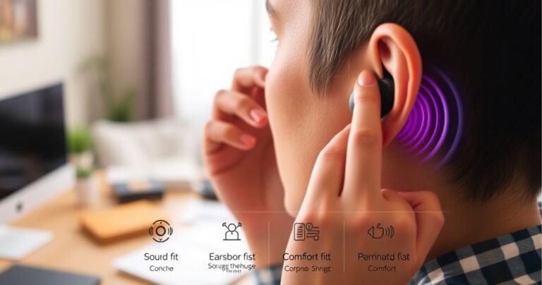 A close-up of a person adjusting sleek, modern earphones comfortably nestled in their ears, surrounded by vibrant sound waves radiating outward. The background features a cozy, inviting workspace with soft lighting, emphasizing relaxation and focus, while a subtle infographic illustrates key points about earphone fit and comfort, blending seamlessly into the scene.