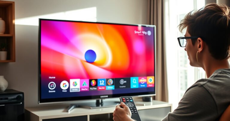 A sleek Samsung Smart TV prominently displaying a vibrant, colorful home screen with antenna symbols, surrounded by modern living room décor. A user, a curious young adult, is intently exploring the TV’s menu, with a remote in hand. Sunlight streams through a nearby window, highlighting the TV's glossy surface and creating an inviting atmosphere.