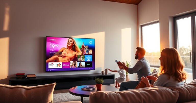A sleek Samsung Smart TV in a modern living room, displaying a vibrant streaming interface while a family joyfully interacts with the remote. Soft ambient lighting bathes the space, highlighting plush furniture and a stylish decor. A large window reveals a sunny day outside, embodying the perfect blend of technology and comfort.
