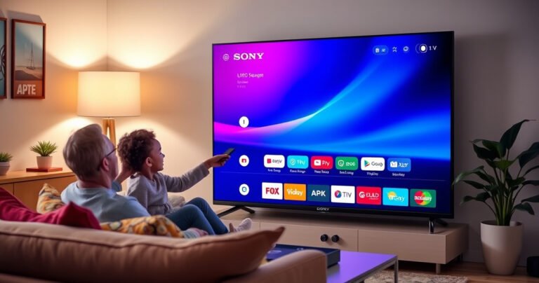 A sleek Sony Smart TV displaying a vibrant app interface, surrounded by a cozy living room setting. Soft ambient lighting highlights a plush sofa with colorful cushions, while a family joyfully interacts with the TV remote. Modern decor elements like a stylish coffee table and a potted plant complete the inviting scene.