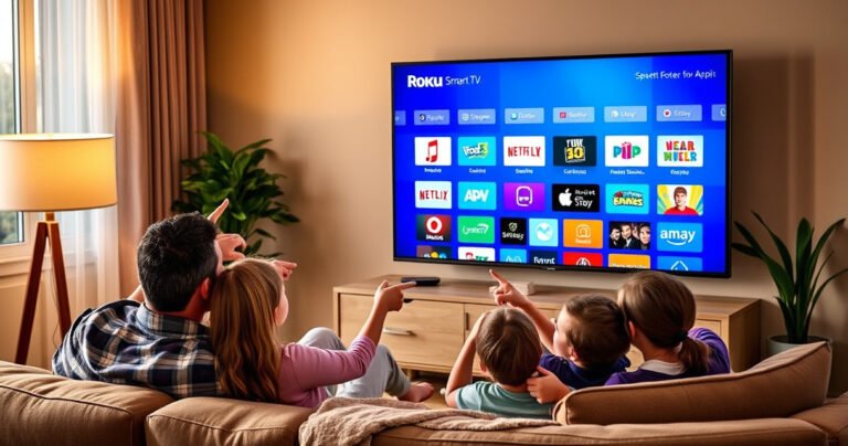A cozy living room featuring a stylish Roku Smart TV displaying a vibrant app store interface. Warm lighting casts a friendly glow, with a family gathered on a plush couch, joyfully pointing at the screen. Colorful app icons pop against a sleek, modern backdrop, inviting viewers to explore the endless entertainment options available.