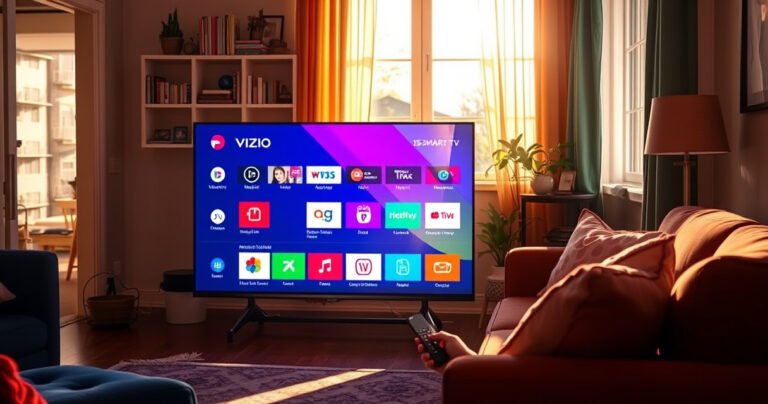 A modern Vizio Smart TV glowing in a cozy living room, surrounded by a stylish couch and vibrant decor. The screen displays colorful app icons, with a remote in hand, as warm sunlight streams through a nearby window, casting soft shadows on the floor, inviting viewers into a world of endless entertainment possibilities.