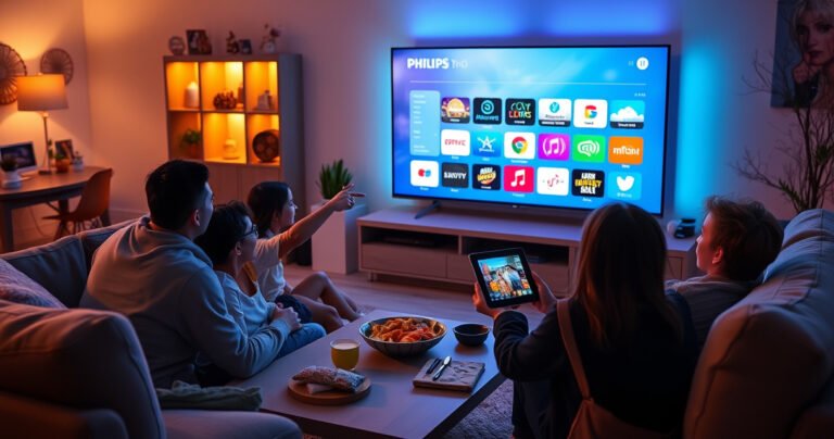 A vibrant living room with a sleek Philips Smart TV displaying colorful app icons, surrounded by a cozy couch, glowing ambient lighting, and a family gathered excitedly, pointing at the screen. A coffee table holds snacks and a tablet, embodying a modern tech-savvy atmosphere perfect for watching shows and exploring new applications together.