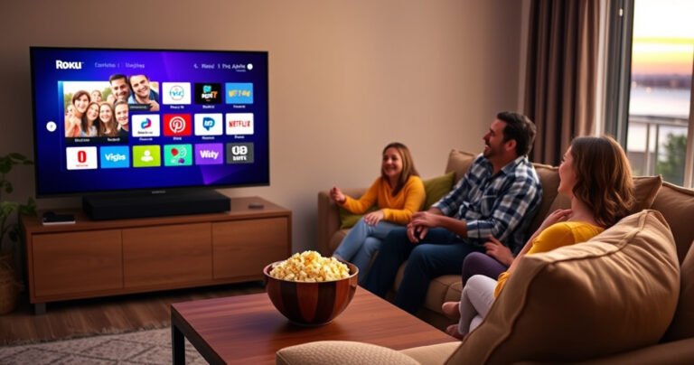 A cozy living room with a sleek Roku Smart TV displaying colorful app icons, a family gathered on a plush couch, laughter and excitement in the air. Bright pillows, a bowl of popcorn on a wooden coffee table, warm lighting creating an inviting atmosphere, and a window revealing a serene evening view outside.