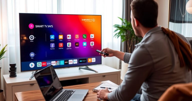 A sleek Samsung Smart TV displaying a vibrant, user-friendly interface with colorful app icons, surrounded by modern living room decor. A person, engaged and focused, interacts with the TV remote, while soft ambient lighting casts a warm glow. A coffee table nearby holds a laptop and a notepad, symbolizing a tech-savvy environment.