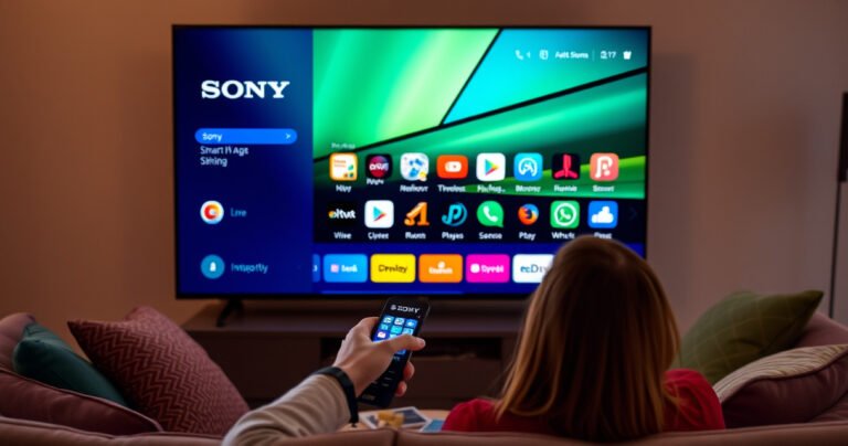 A sleek Sony Smart TV displaying a vibrant app interface, surrounded by a cozy living room with a modern couch and colorful cushions. Soft, ambient lighting enhances the inviting atmosphere, while a user interacts with the TV remote, excitedly exploring various app icons that glow against the screen, showcasing the ease of digital entertainment.