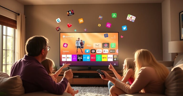 A sleek LG Smart TV glowing in a cozy living room, surrounded by vibrant streaming icons floating in the air. A friendly family eagerly gathers around, remote in hand, with a colorful array of channels displayed on the screen. Sunlight streams through a window, casting a warm, inviting atmosphere perfect for family movie night.