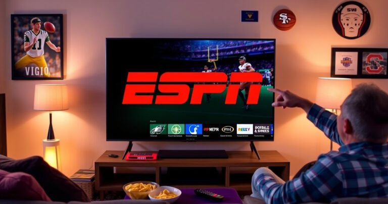 A sleek Vizio Smart TV displaying the vibrant ESPN app logo, surrounded by a cozy living room setting. A person enthusiastically points at the screen, with snacks and a remote nearby, while a game highlights reel plays in the background. Warm lighting and sports memorabilia decorate the walls, creating an inviting atmosphere for sports fans.