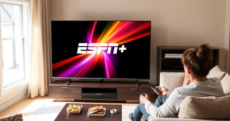 A sleek, modern LG Smart TV displays the vibrant ESPN+ logo on its screen, surrounded by a cozy living room setting. A person sits on a plush sofa, holding a remote, with snacks on the coffee table. Bright sunlight streams through a window, creating an inviting atmosphere that emphasizes home entertainment and sports excitement.