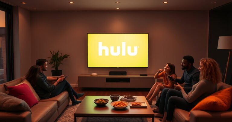A sleek modern living room with a large smart TV displaying the vibrant Hulu logo. A cozy couch is adorned with colorful cushions, while a family happily gathers around, remote in hand. Warm ambient lighting highlights a stylish coffee table with snacks, creating an inviting atmosphere perfect for streaming.