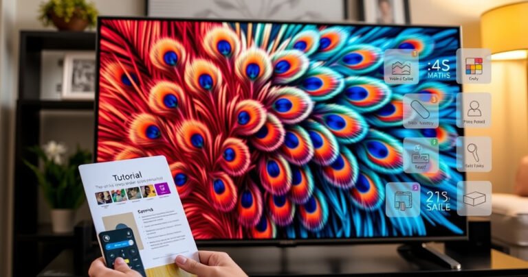 A sleek LG Smart TV displaying a vibrant peacock feather pattern, surrounded by colorful remote controls and a cozy living room setting. A tutorial guide is partially visible, with step-by-step icons floating nearby, creating an inviting atmosphere that blends technology and elegance. Bright, cheerful lighting enhances the modern decor and engaging theme.