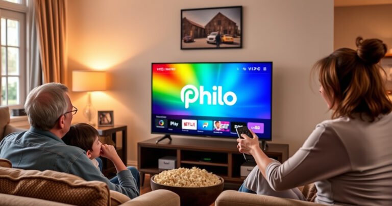 A sleek Vizio Smart TV displaying the vibrant Philo logo on a colorful interface, surrounded by a cozy living room with a plush sofa, warm lighting, and a bowl of popcorn. A family member eagerly interacts with the remote, while a cheerful atmosphere invites viewers to explore streaming possibilities.