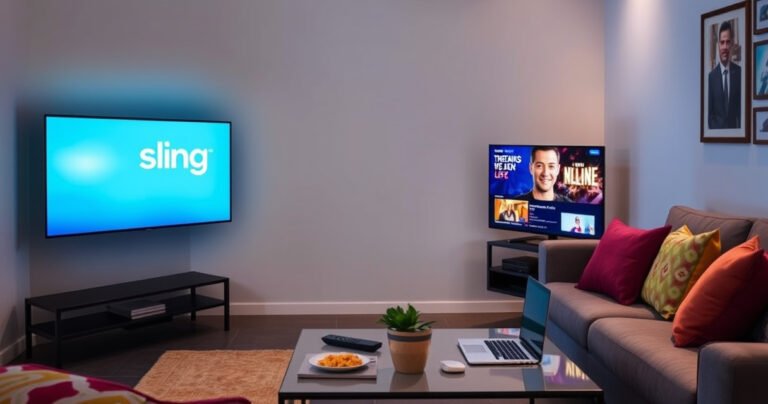 A serene living room scene featuring a sleek Samsung Smart TV displaying the Sling TV logo, vibrant streaming content on the screen, a cozy couch adorned with colorful cushions, and a modern coffee table with a laptop, remote control, and snacks. Soft ambient lighting creates a welcoming atmosphere, inviting viewers to enjoy their favorite shows.