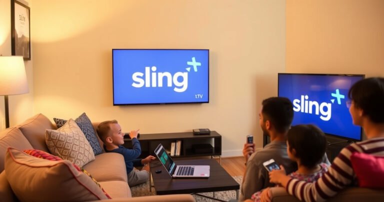 A cozy living room scene featuring a sleek Samsung Smart TV displaying the Sling TV logo, surrounded by a comfortable couch, vibrant cushions, and a coffee table with a laptop and remote. Warm lighting highlights the modern decor, creating an inviting atmosphere perfect for streaming. A family is gathered, joyfully engaging with their device and TV.