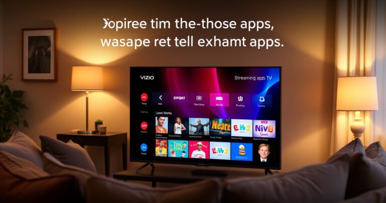 A cozy living room scene featuring a sleek Vizio Smart TV displaying a colorful app store interface, surrounded by plush cushions and a warm glow from a nearby lamp, inviting viewers to explore the world of streaming apps, with a subtle hint of excitement in the air.