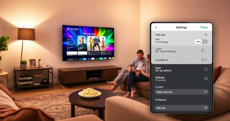 A cozy living room with a sleek smart TV displaying an ad-blocking interface, colorful pop-up ads fading away, a family relaxing on a comfortable couch, popcorn scattered on the coffee table, soft lighting creating a warm atmosphere, and a digital device showing settings for ad preferences, conveying a sense of control and tranquility.