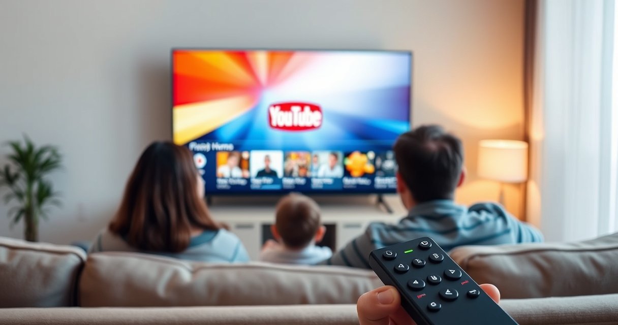 A sleek smart TV displaying a vibrant YouTube interface, surrounded by a cozy living room setting. A family sits together, focused on the screen, while a remote control with a prominent block symbol rests on a plush sofa. Soft lighting highlights the peaceful atmosphere, emphasizing a blend of technology and family interaction in a modern home.