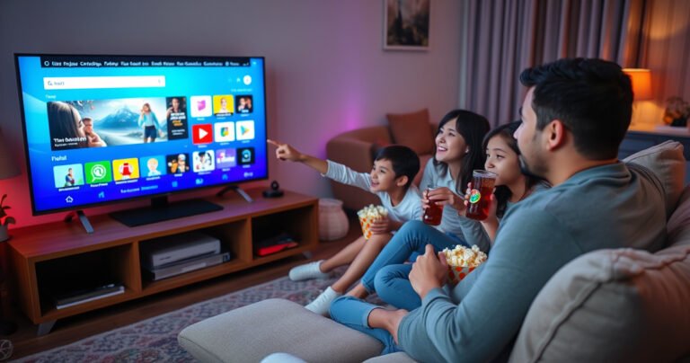 A cozy living room with a modern smart TV displaying a vibrant web browser interface, colorful icons and tabs open, a sleek remote control in hand, a comfy sofa adorned with fluffy cushions, warm ambient lighting, and a curious family gathered around, excitedly pointing at the screen while sipping on popcorn and soda.