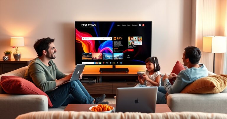 A cozy living room scene featuring a sleek smart TV displaying a vibrant web browser interface, surrounded by a plush sofa and colorful cushions. A family enjoys browsing the internet together, with laughter and curiosity in their expressions. Soft lighting enhances the warm atmosphere, while a coffee table holds snacks and a laptop, blending technology and comfort.