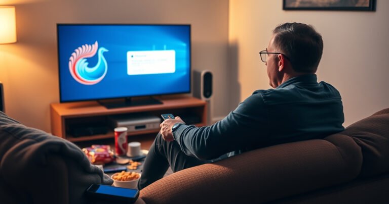 A frustrated user sitting on a cozy couch, surrounded by snacks, staring intently at a smart TV displaying the Peacock logo, with a colorful remote control in hand, a pop-up message about subscription cancellation on the screen, soft lighting creating a warm atmosphere, a hint of chaos with scattered devices around, conveying the struggle of modern streaming challenges.