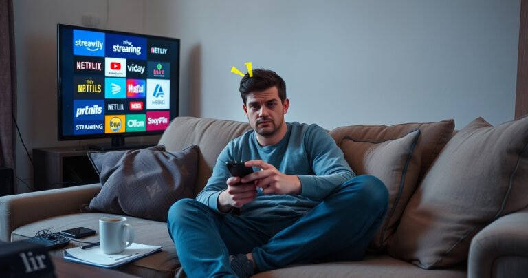 A frustrated person sitting on a cozy couch, remote in hand, surrounded by a colorful array of streaming service logos on a TV screen. The room is softly lit, with a coffee cup and notepad nearby, capturing a moment of determination amidst a backdrop of tangled wires and tech gadgets.