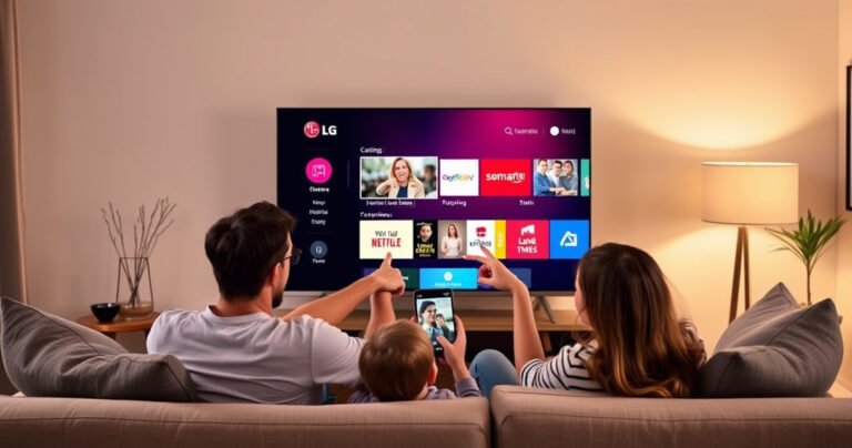 A sleek LG Smart TV glowing in a cozy living room, surrounded by modern decor. The screen displays vibrant casting options with colorful icons. A family sits comfortably on a stylish couch, excitedly pointing at the TV, with a smartphone in hand. Soft ambient lighting enhances the inviting atmosphere, making technology feel accessible and fun.