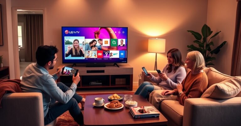 A cozy living room featuring a sleek LG Smart TV displaying a vibrant streaming interface. A family gathers on a plush sofa, happily interacting with their smartphones, casting colorful images to the screen. Warm lighting casts a welcoming glow, while a stylish coffee table holds snacks and drinks, inviting a sense of connection and togetherness.