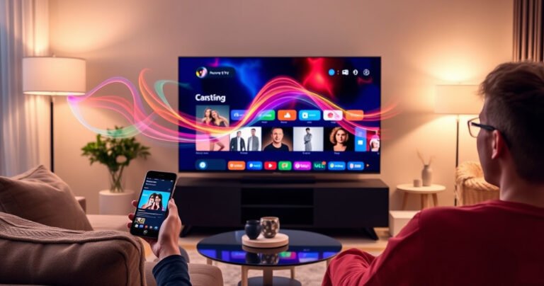 A modern living room with a sleek Philips Smart TV displaying a vibrant casting screen, surrounded by cozy furniture. A person joyfully using a smartphone to cast content, while colorful digital waves flow from the device to the TV. Soft lighting illuminates the space, creating a warm and inviting atmosphere perfect for entertainment.