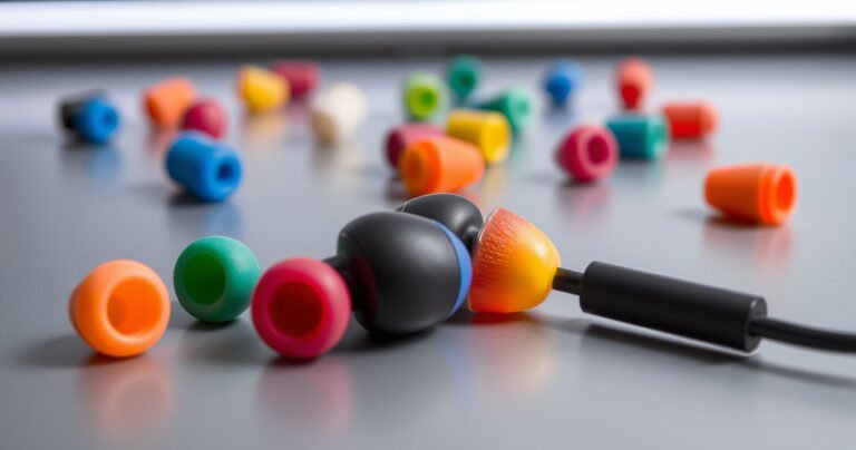 A close-up view of colorful, interchangeable earbud tips scattered on a sleek, modern surface. Each tip showcases unique textures and shapes, with a pair of earbuds in the foreground, half-fitted with a vibrant silicone tip. Soft, diffused lighting enhances the focus, creating an inviting, informative atmosphere that captures the essence of comfort and customization.