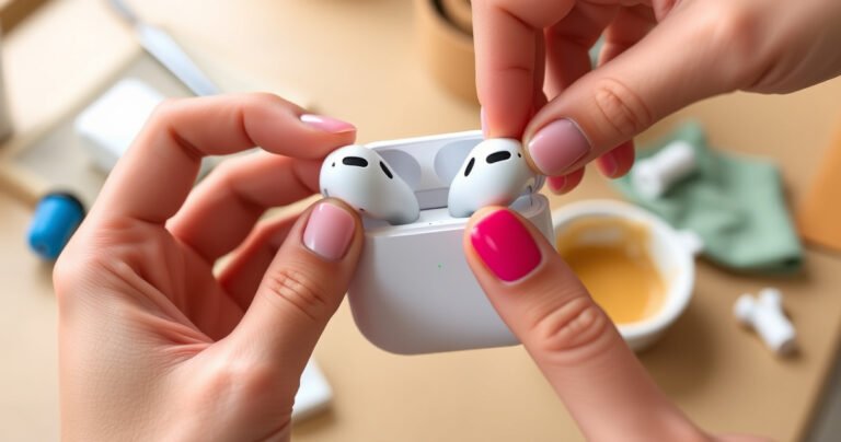 A close-up view of hands skillfully swapping out silicone earbud tips on sleek AirPods Pro 2, with vibrant colors highlighting the different ear tip sizes. A blurred background of a cozy workspace, featuring tools like a soft cloth and a small bowl, conveying a sense of care and precision in the process.