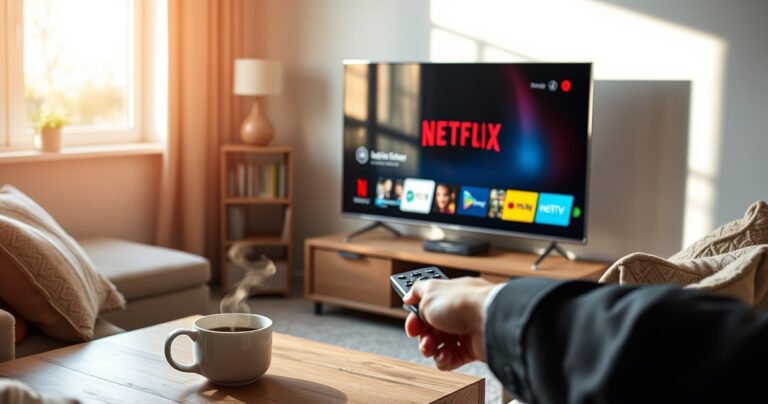 A cozy living room with a sleek smart TV displaying the Netflix interface, surrounded by plush cushions and a steaming cup of coffee on a wooden table. Bright sunlight filters through a window, illuminating the scene and casting gentle shadows, while a hand reaches for the remote control, symbolizing the ease of navigating technology.