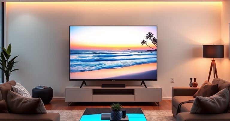 A sleek LG Smart TV displaying a vibrant, customizable startup screen featuring a tranquil beach scene at sunrise. Soft waves softly crash on the shore, with palm trees silhouetted against a pastel sky. Surrounding the TV, a modern living room with stylish furniture and warm lighting, inviting a cozy atmosphere for tech enthusiasts.