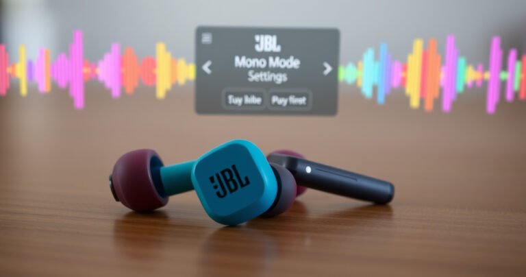A close-up of vibrant JBL earbuds resting on a wooden table, surrounded by colorful soundwave illustrations and a digital interface showing mono mode settings. Soft lighting highlights the sleek design of the earbuds, with an inviting atmosphere that suggests innovation and ease of use, perfect for tech enthusiasts and music lovers alike.