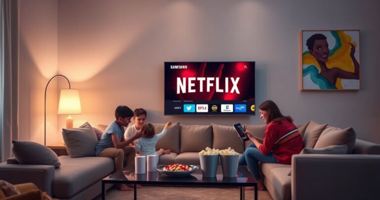 A cozy living room featuring a sleek Samsung Smart TV displaying the Netflix logo. A family gathers on a plush sofa, excitedly discussing options on a tablet. Soft ambient lighting enhances the warm atmosphere, with popcorn and drinks on a stylish coffee table, while vibrant abstract art adorns the walls, embodying the joy of movie nights.