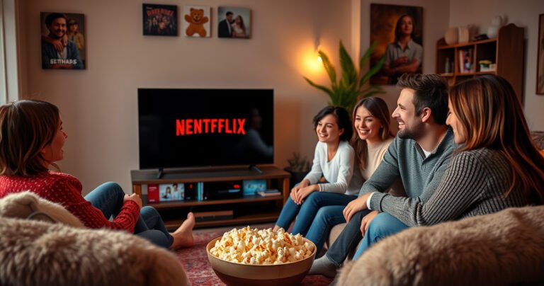 A cozy living room scene featuring a sleek smart TV displaying the Netflix logo, surrounded by fluffy cushions and a bowl of popcorn. A family is gathered, smiling and engaged in a discussion, with a vibrant, inviting atmosphere illuminated by soft, warm lighting, showcasing a sense of togetherness and relaxation while navigating screen settings.