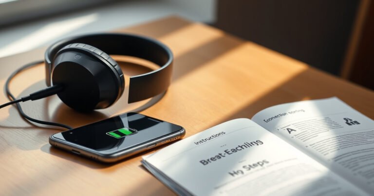 A close-up of sleek black Beats earphones resting on a wooden table, their charging cable subtly coiled beside them. Ambient light streams through a nearby window, casting soft shadows, while a smartphone displays a battery icon, symbolizing the connection. An open instructional guide lies nearby, hinting at an organized step-by-step process.